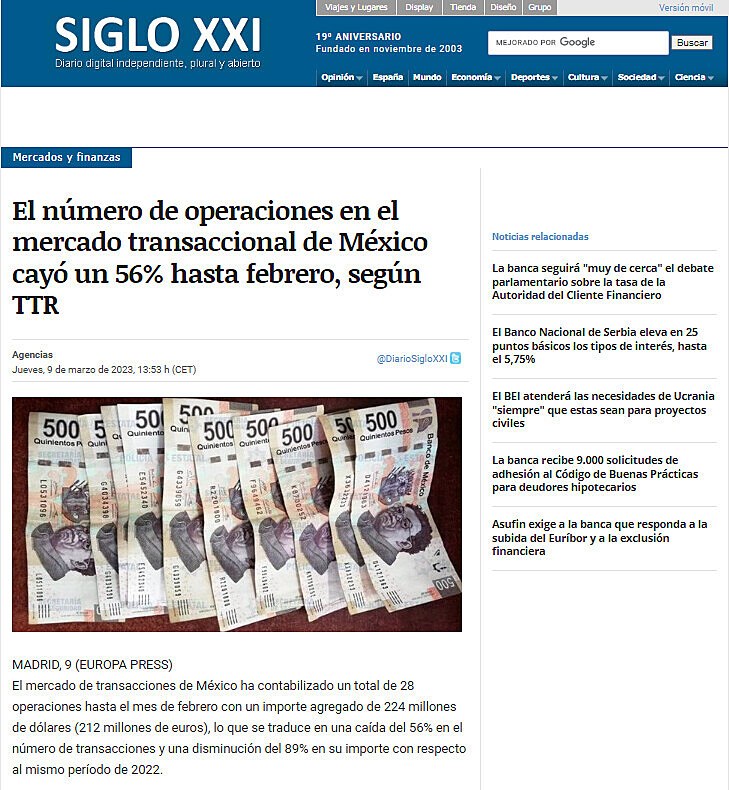 El nmero de operaciones en el mercado transaccional de Mxico cay un 56% hasta febrero, segn TTR